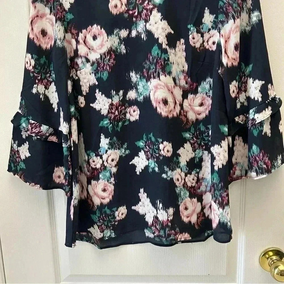 DR2 Blouse Sheer Ruffle Sleeve Bohemian Dark Floral Flowy Blue Size Small - Picture 5 of 14